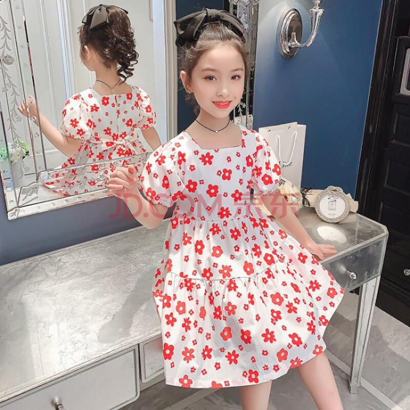 女童连衣裙夏季适合7-15岁小女孩连衣裙a字裙百搭短袖 粉红色 110