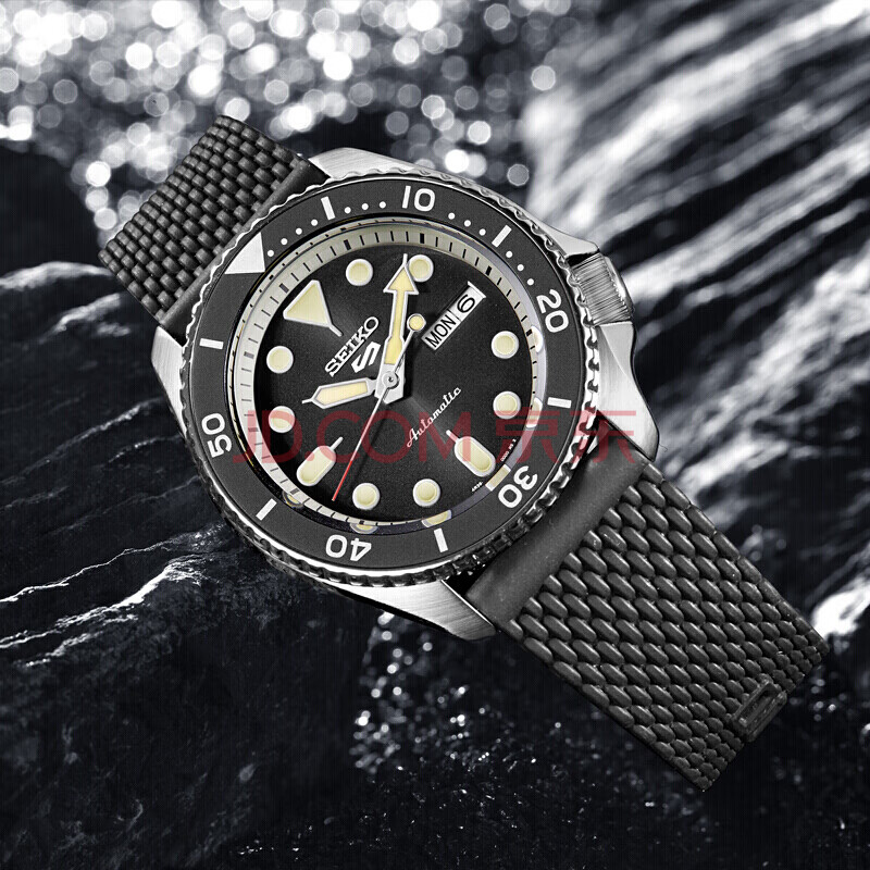 精工（SEIKO）手表新盾牌5号系列100米防水自动/手动上链胶带黑水鬼运动 