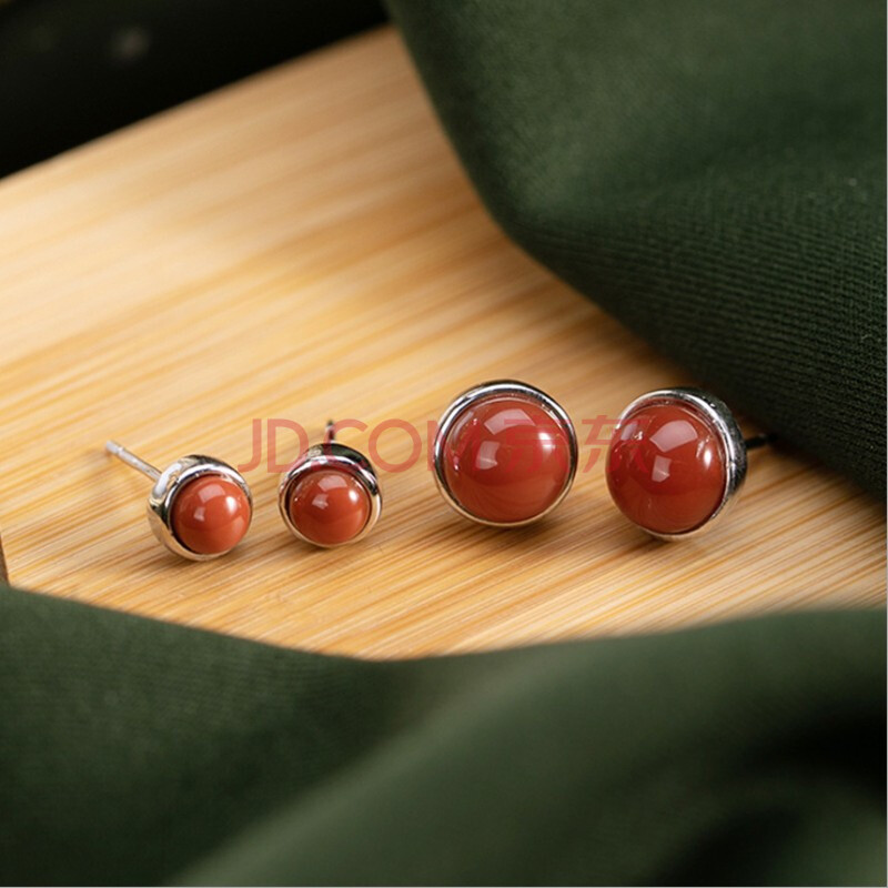 薇慕诗 s925圆形南红耳钉天然玛瑙简约耳饰女款小巧耳丁红宝石银饰