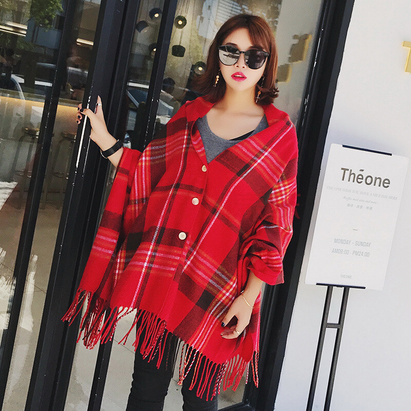 心墨染新品空调办公室长围巾围巾女秋冬季格子带纽扣百变披肩两用多