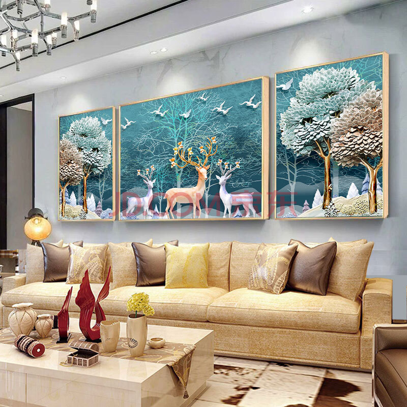 三联装饰画客厅镶钻晶瓷画沙发背景墙欧式好运石麋鹿山水风景壁画抽象