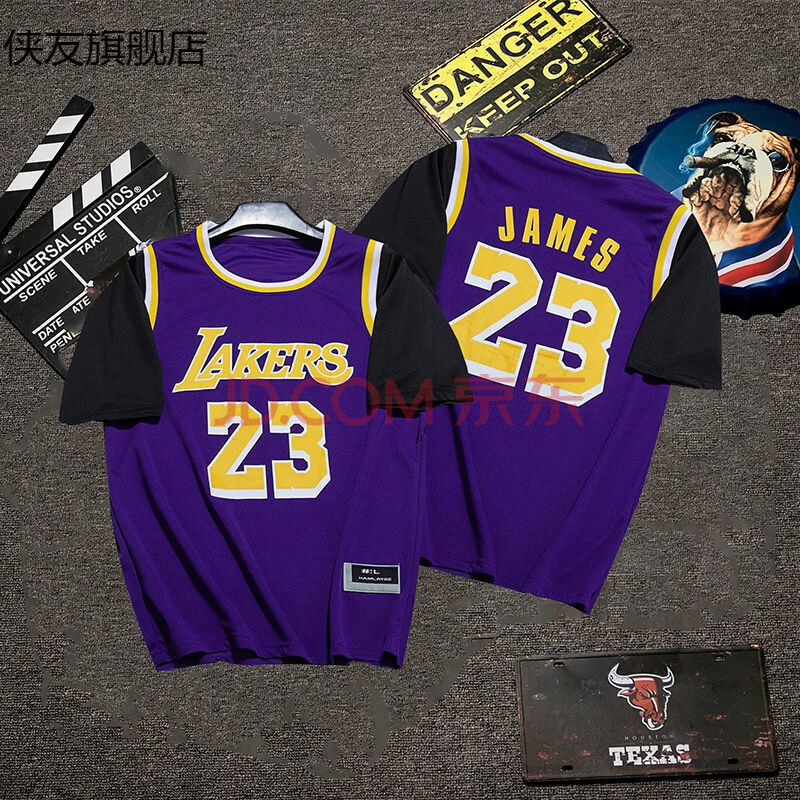 侠友湖人24号23号球衣假两件单上衣情侣男女短袖t恤篮球服 湖人23紫色