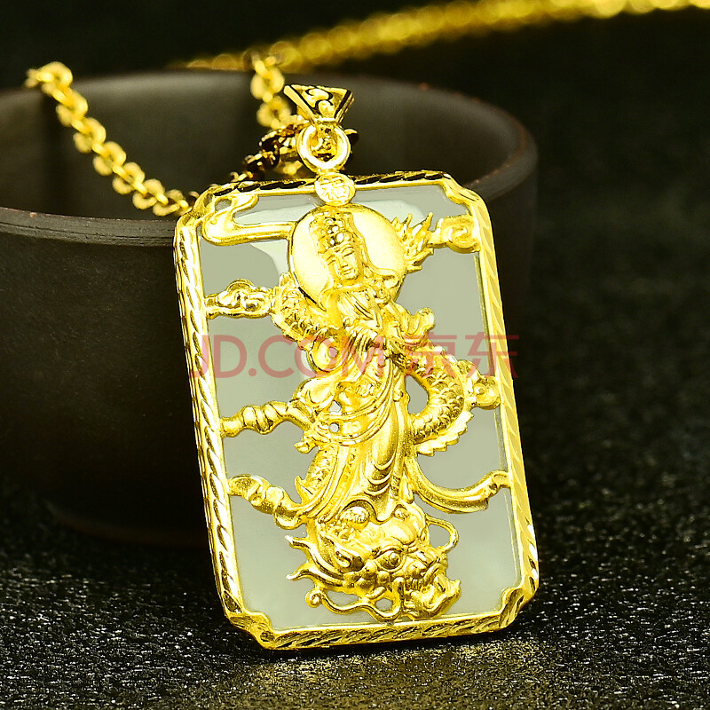 金甸福珠宝金镶玉观音玉佩999足金黄金吊坠项链男女款