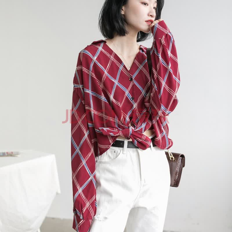 港风条纹格子衬衫女设计感小众v领春季上衣宽松百搭很仙的衬衣 红色