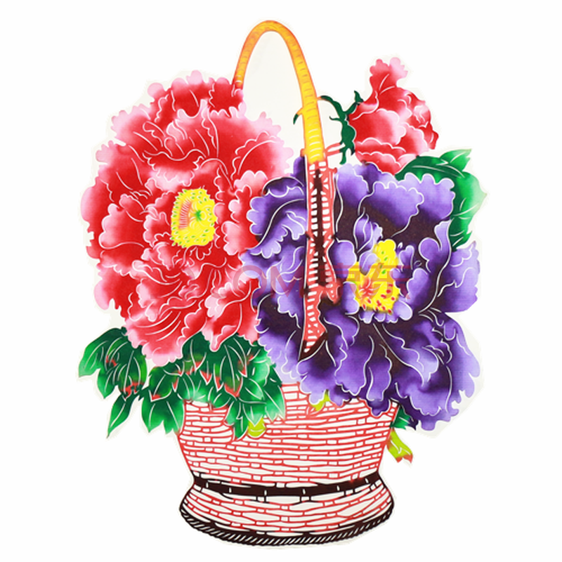 中国特色手工过年剪纸彩色窗花家居装饰画出国留学礼品 花篮牡丹