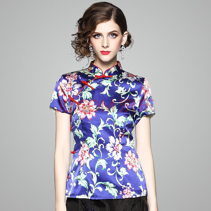 女士唐装夏季新款中式民族风重磅真丝提花修身旗袍上衣 蓝色80681 s