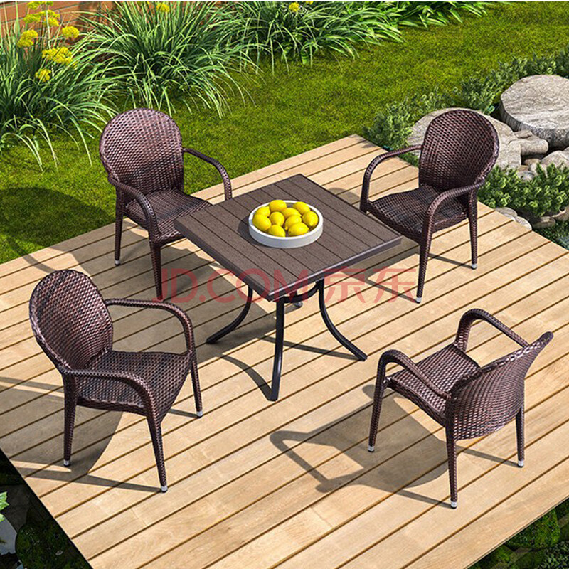紫叶(ziye) 藤椅五件套 户外休闲茶几座椅 露天阳台塑木桌椅 室外座椅