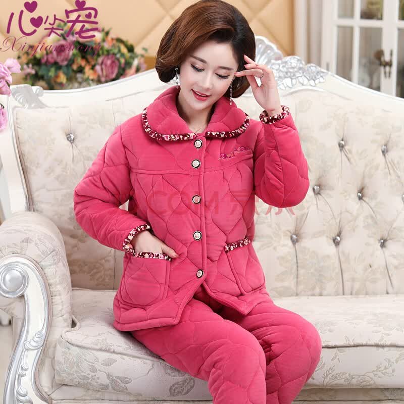 心尖宠冬季三层夹棉睡衣女士加厚中老年人珊瑚绒加绒保暖睡衣妈妈加大