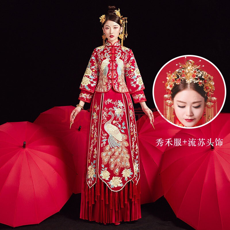 秀禾服新娘2019新款中式婚紗結婚禮服大碼龍鳳褂嫁衣古裝出閣女 紅