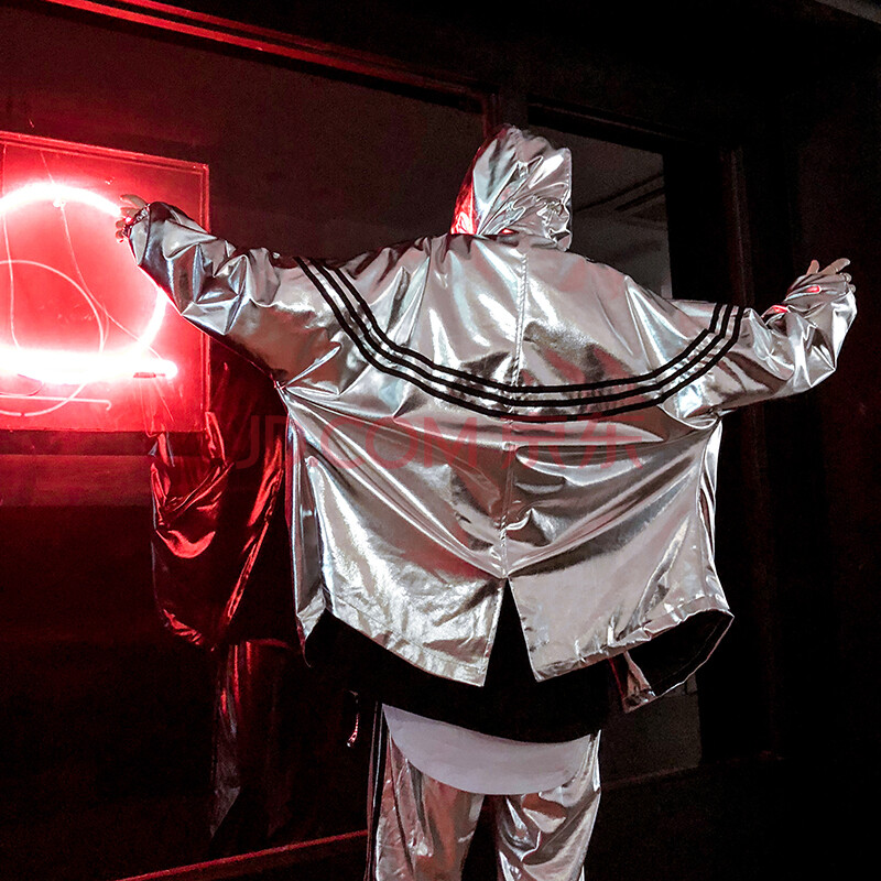 嘻哈亮面连帽夹克 潮男ins风的抖音网红舞台演出服个性男装dj 银色