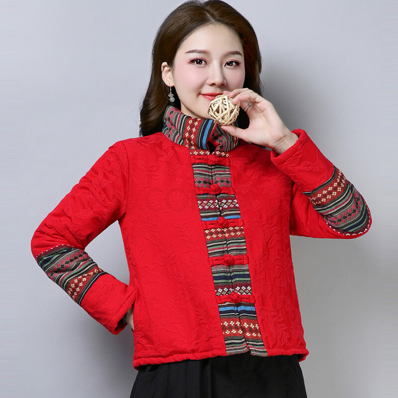 提花棉麻小棉袄2019冬新款民族风女装夹棉短外套棉服保暖棉服上衣