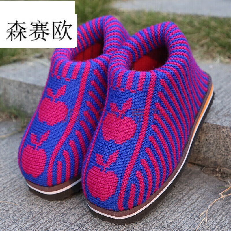 秋冬季居家手工钩织保暖加厚鞋鞋底拖鞋男女靴 女鞋苹果(蓝 红) 42-43