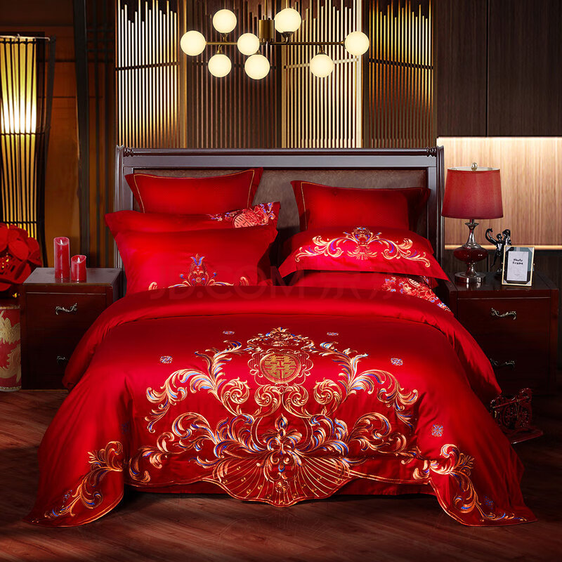 水星家纺出品 百丽丝 婚庆四件套 全棉绣花 结婚大红色床上用品套件