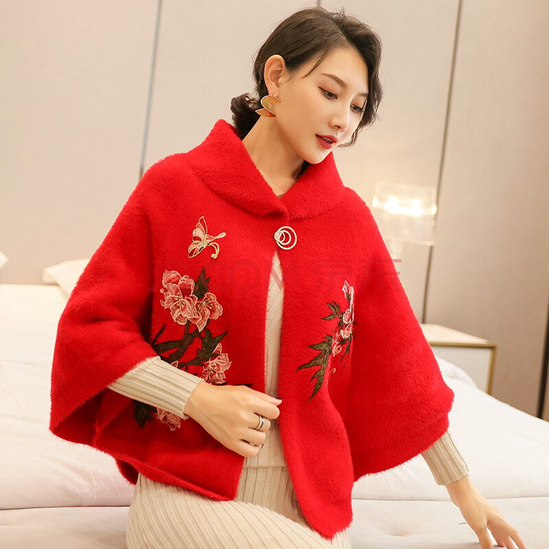配旗袍披肩女斗篷古风春秋冬刺绣民族披风女士流苏绒外套 红色