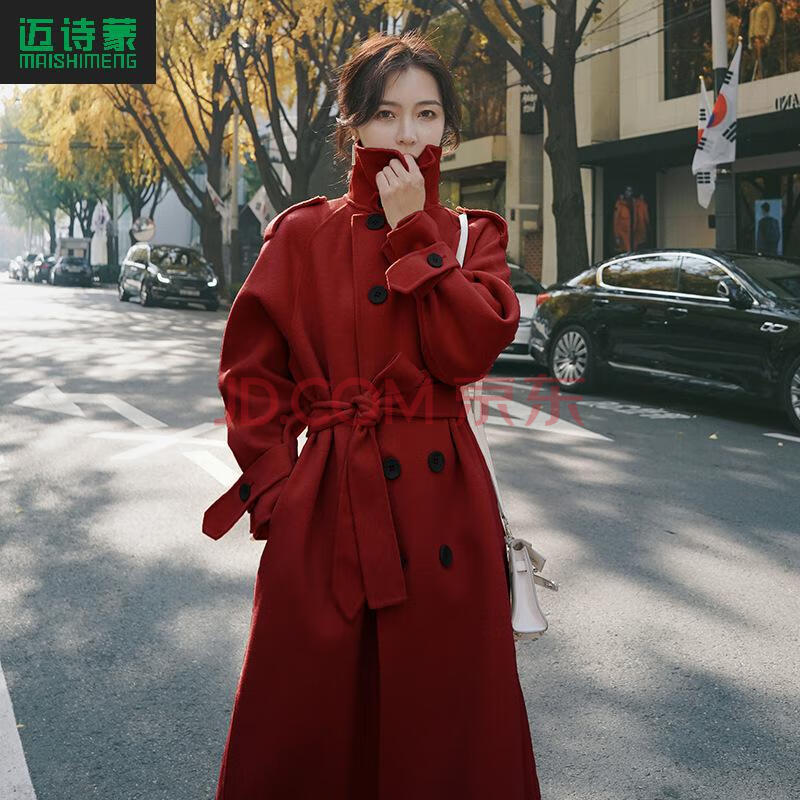 毛呢外套女中长款秋冬新款赫本风小个子收腰加厚过膝羊绒大衣 枣红色
