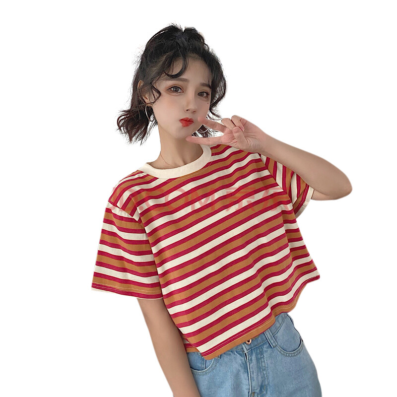 夏季短袖条纹t恤女宽松圆领纹短款学生少女休闲内搭短款上衣姐妹装 粉
