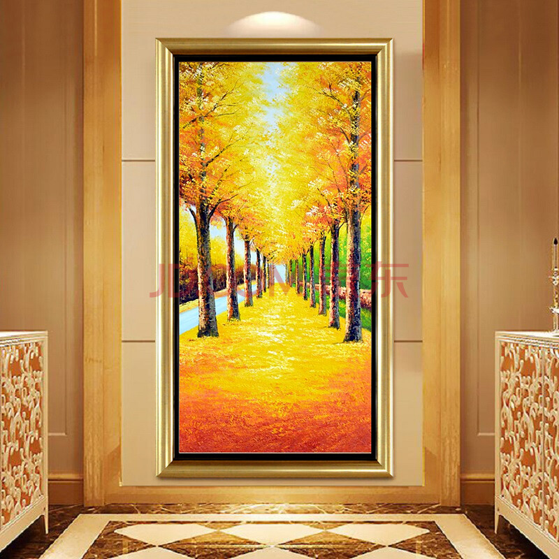 福艺良品 欧式纯手绘玄关装饰画油画客厅走廊过道竖版发财树黄金大道