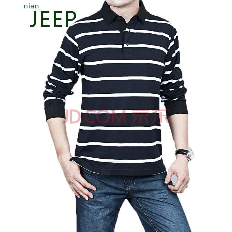 吉普盾nian jeep男士t恤长袖纯棉体恤中年男装翻领秋季打底衫378 黑白