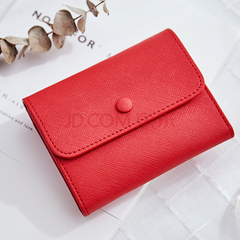 波斯丹顿女士卡包零钱包短款牛皮搭扣女生钱夹皮夹女式小包包 红色