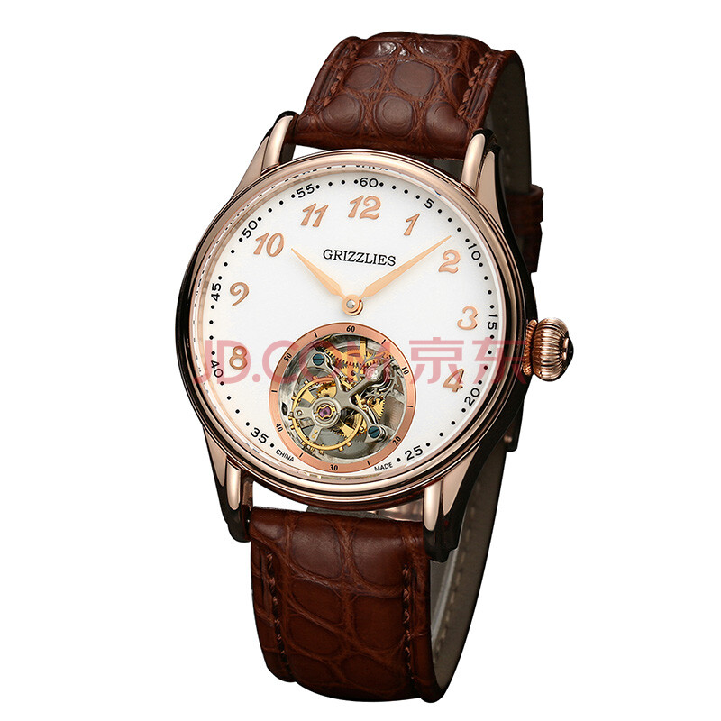 灰熊(grizzlies)手表 男士手表机械表蓝宝石镜面手动飞轮镂空鳄鱼皮