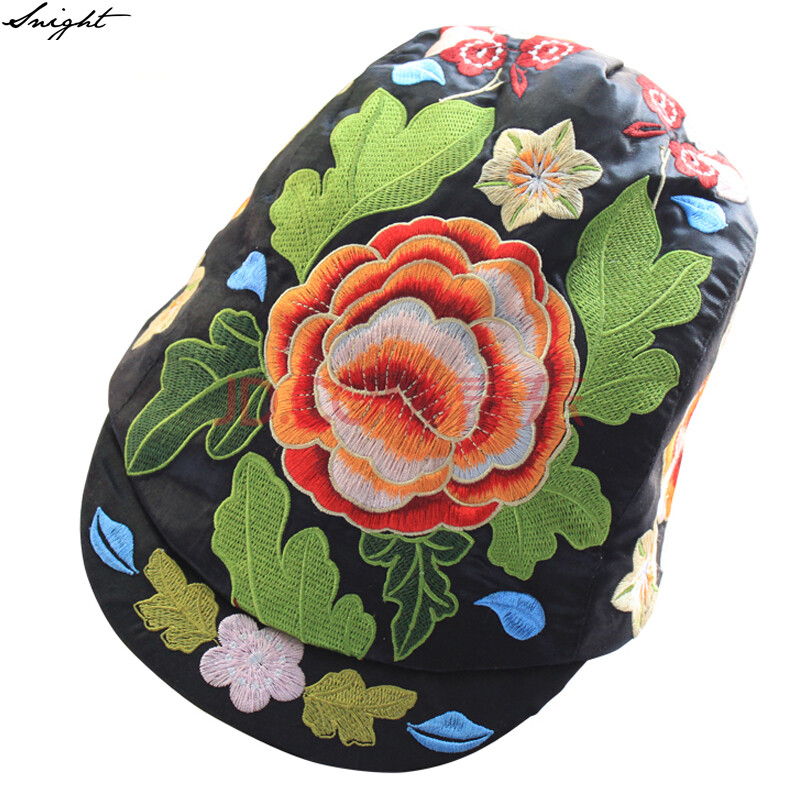 snight中式古典绣花帽子刺绣手工艺女民族风牡丹花朵平顶短檐/沿