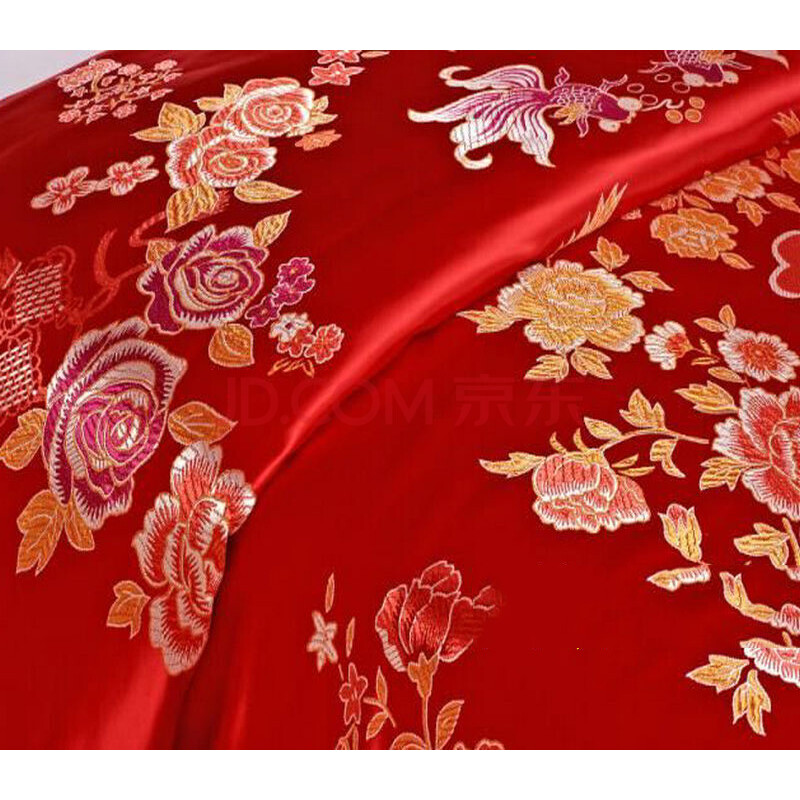 婚庆杭州丝绸被面子织锦缎结婚百子龙凤七彩柔缎被面 龙凤双喜:丽春红