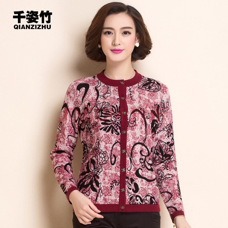千姿竹中老年女装毛衣外套针织衫长袖开衫春秋冬季印花妈妈服装 酒红