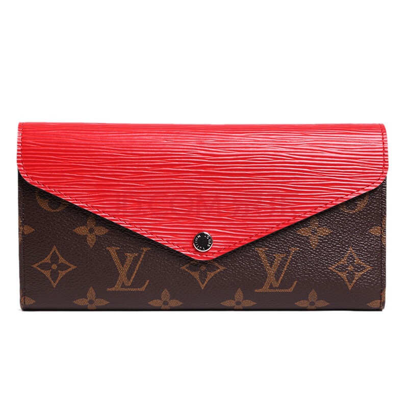 louis vuitton lv 路易威登 女士棕红拼色帆布配牛皮长款翻盖按扣钱包