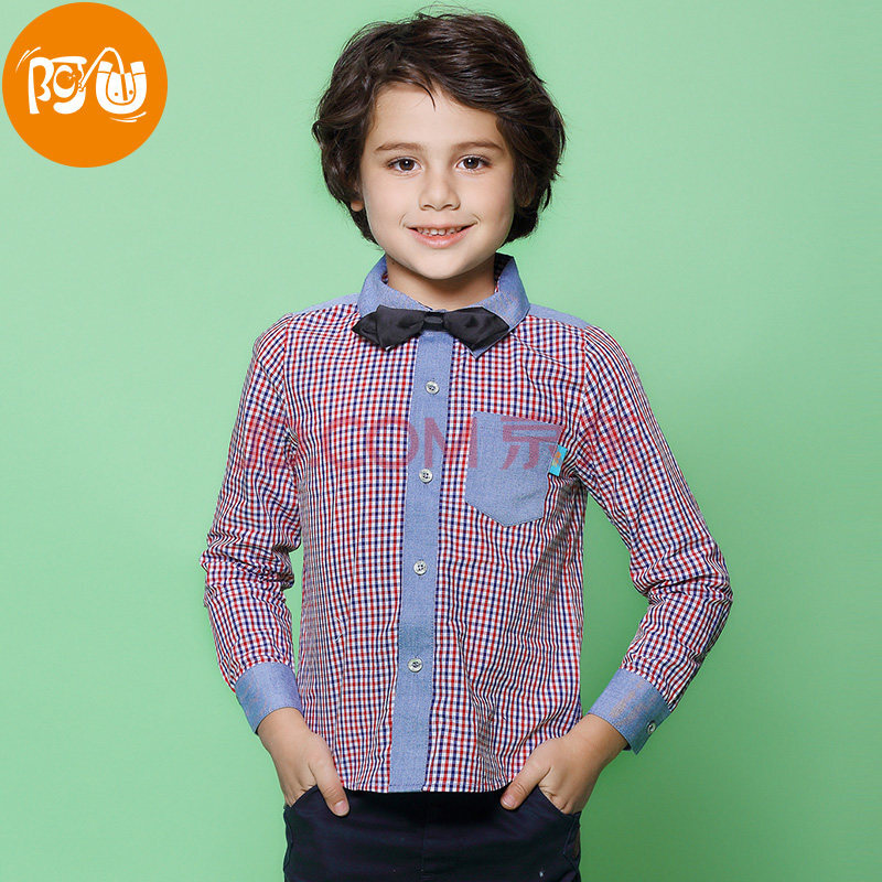 阿u童装 男童儿童长袖格子衬衫外套 红格 130