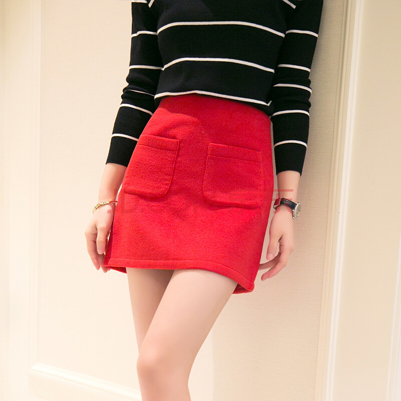 包臀裙毛呢短裙一步裙a字裙高腰女裙秋半身裙秋冬季包裙冬裙韩国 红色