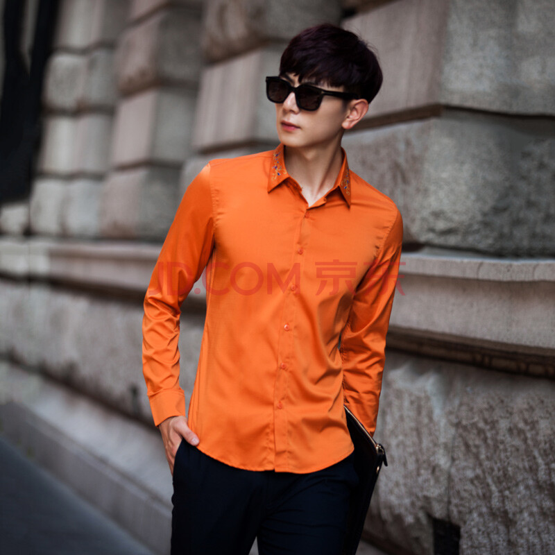 2015新款男士长袖衬衫商务修身纯棉正装绣花领衬衫 橙色 xxxxxl