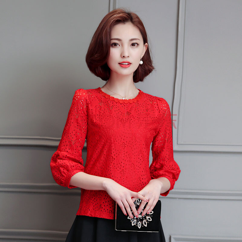 宾盛 蕾丝衫小衫女2016新款七分袖宽松圆领低领灯笼袖打底衫 红色 m