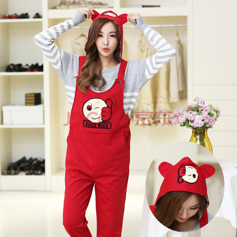 装时尚韩版休身孕妇背带裤春装长裤子春秋孕妇裤卡通条纹翻边 红色