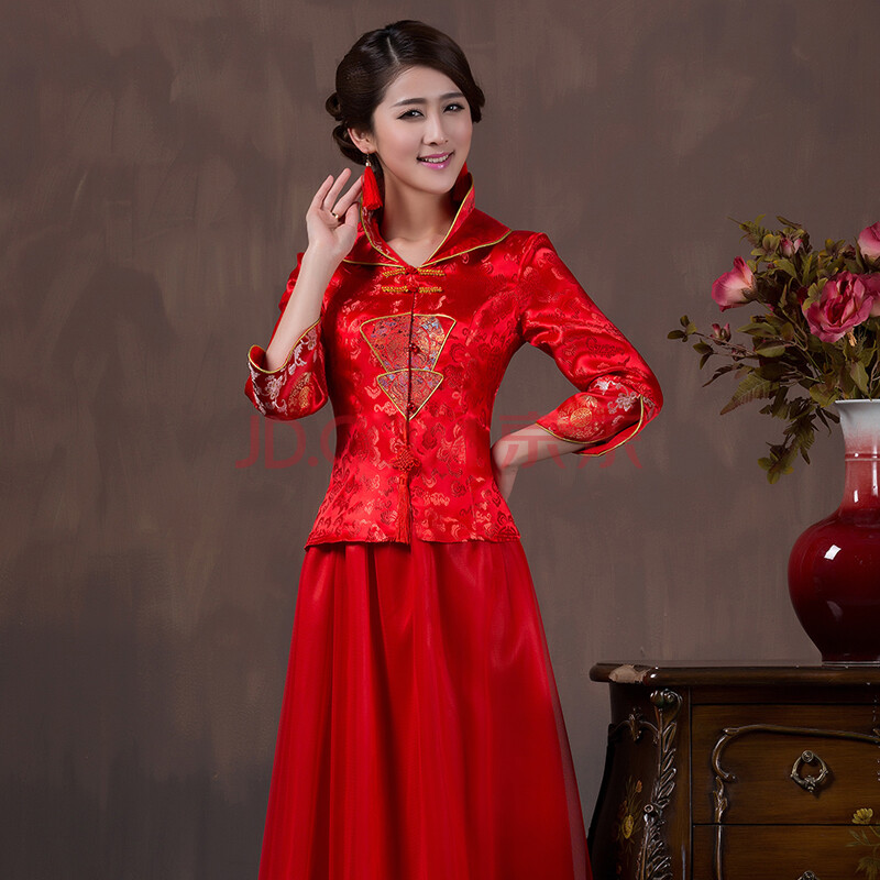 非你不嫁 2015秋冬新款结婚礼服 高档锦缎旗袍礼服 红色中式复古蕾丝