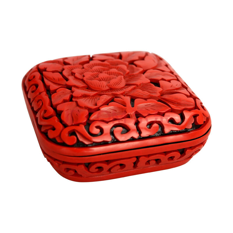 工美 手工雕漆3英寸牡丹纹方盒