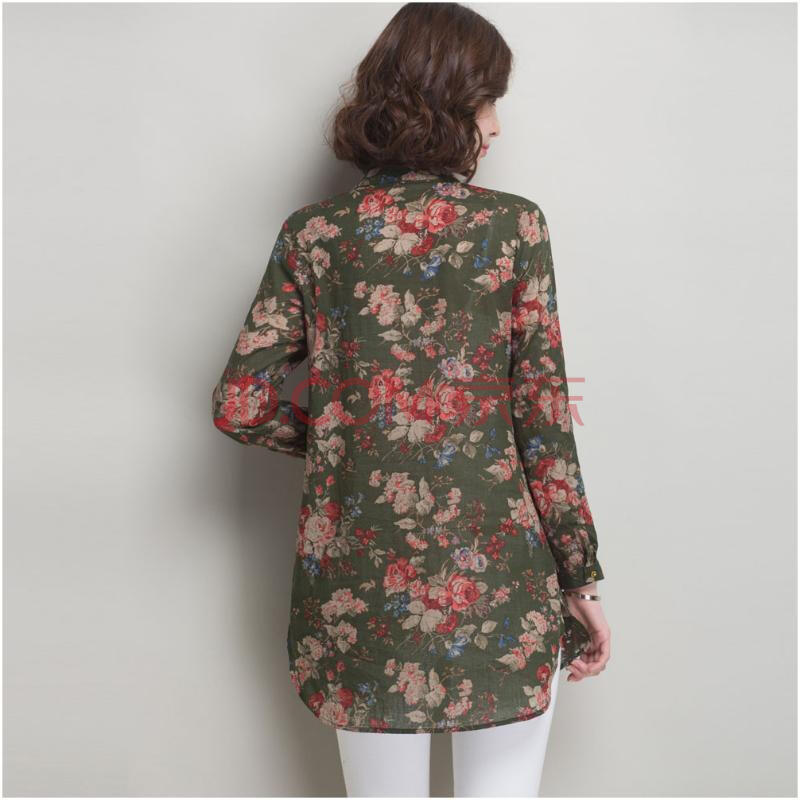 雪夕2016新款春夏印花衬衫女 v领中长款宽松长袖上衣雪纺衫 128 蓝色