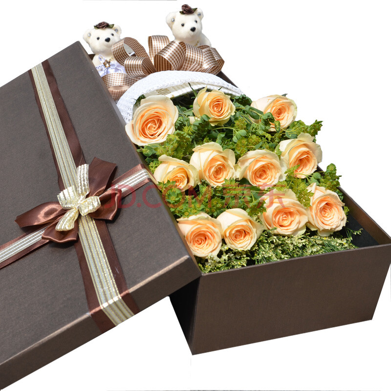 11朵香槟玫瑰花礼盒送2只小熊