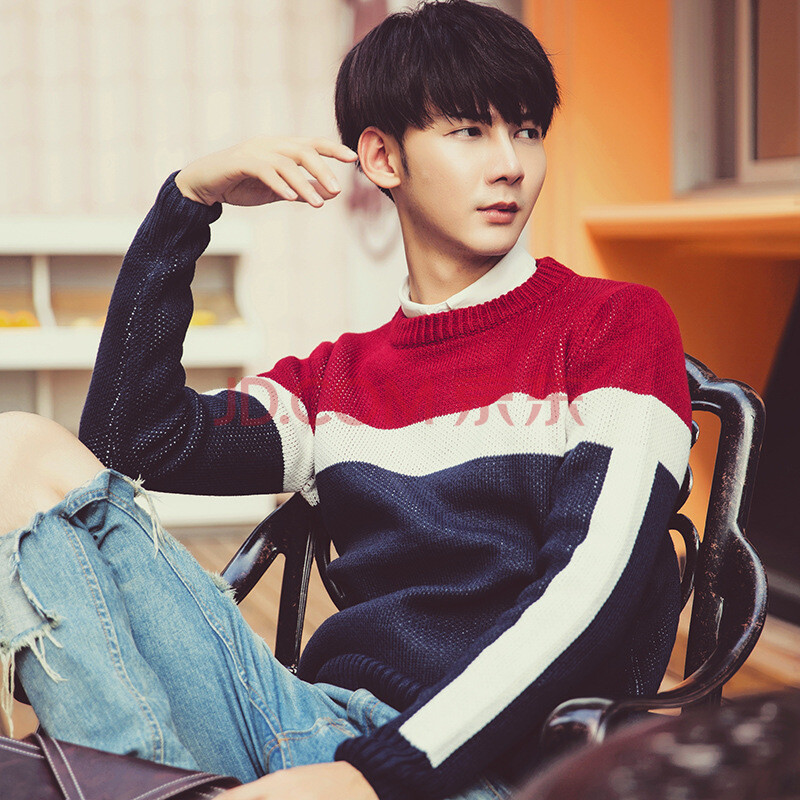 男装2015新款秋冬装上下拼接加厚套头毛衣 白色 l