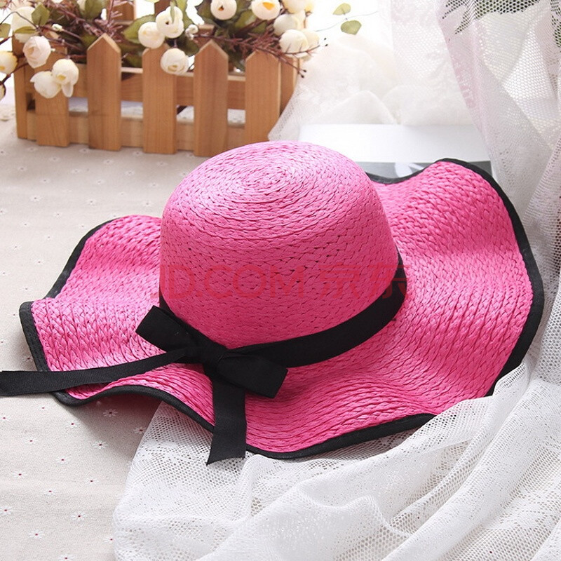 大沿遮阳帽女士帽子夏季韩版波浪边沙滩帽防晒太阳帽休闲草帽 玫红