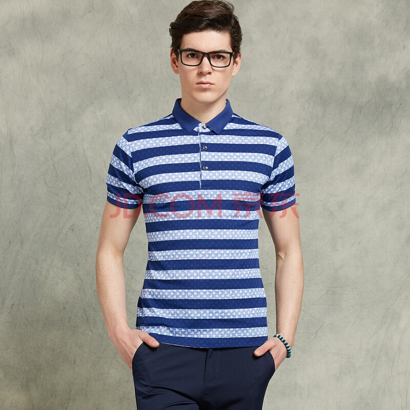 facho菲克商务休闲蓝色拼接横条纹碎花男士短袖polo衫 2801蓝色 xxl