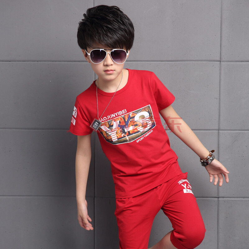 童装男孩子夏季运动套装男童纯棉短袖t恤宽松短裤2件套7-14岁 红色y-3