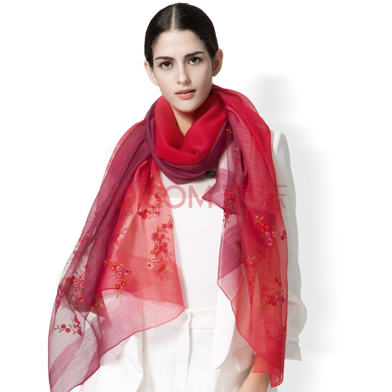 奥世 高档桑蚕丝真丝羊毛围巾夏季披肩女刺绣绣花丝巾-红色