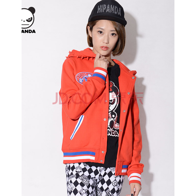 hipanda 你好熊猫 设计潮牌 女款 连帽铆钉棒球衫 红色 170/xl