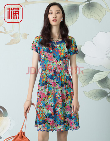 渔牌2018夏装新款时尚修身印花女装碎花短袖连衣裙 天蓝 xxl