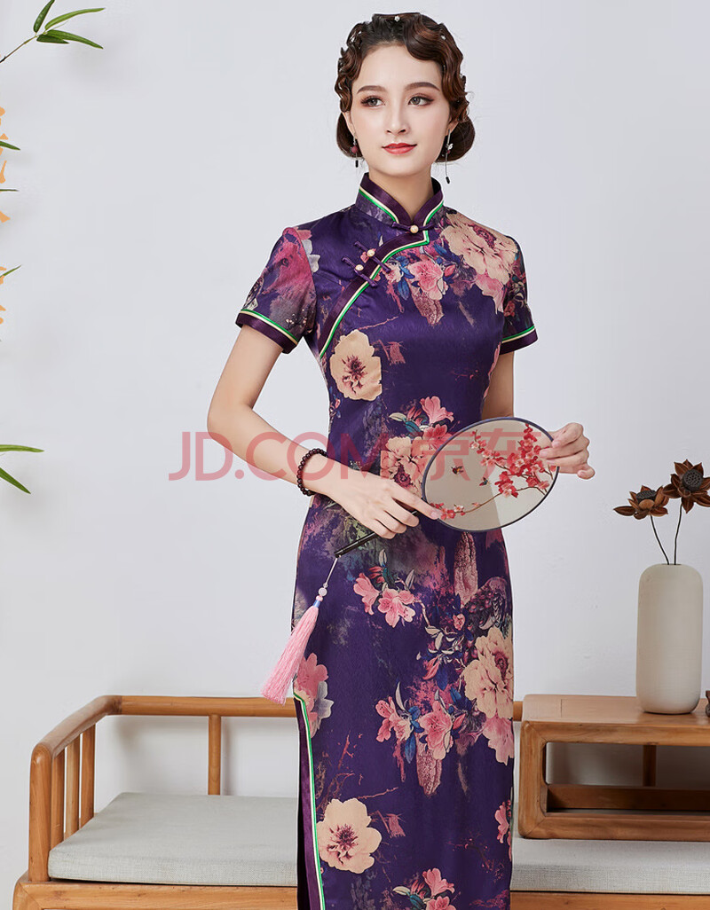 旗袍裙改良时尚夏季新款修身日常优雅真丝礼服宴会旗袍长款 紫色 xl