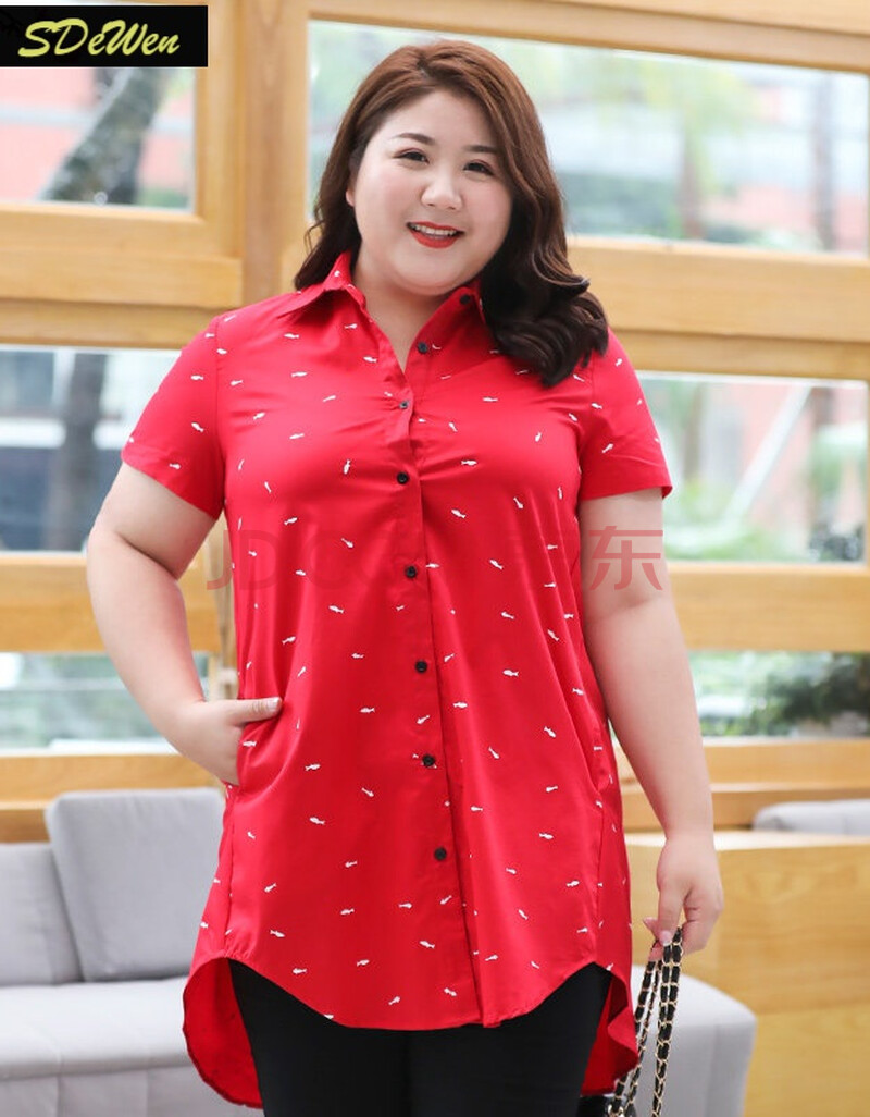 胖女人短袖胖人加肥加女装衬衣棉质胖mm中长款短袖衬衫200斤宽松遮肚