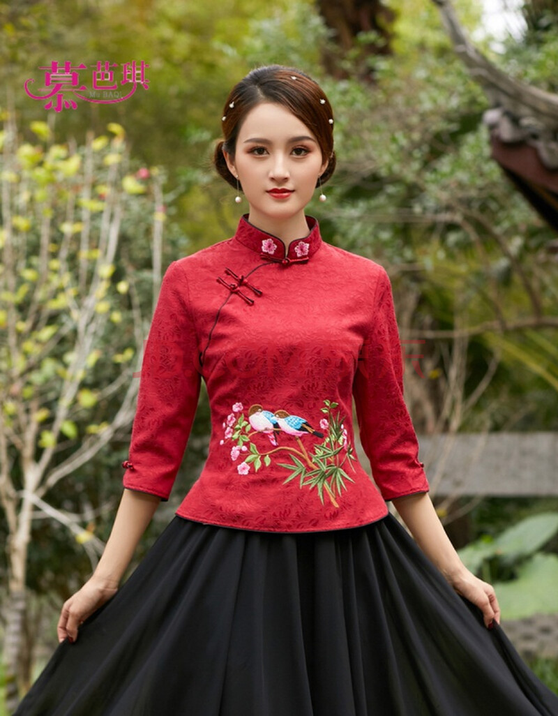 慕芭琪唐装改良旗袍女两件套民国风春夏中式汉服喜鹊绣花修身旗袍裙大