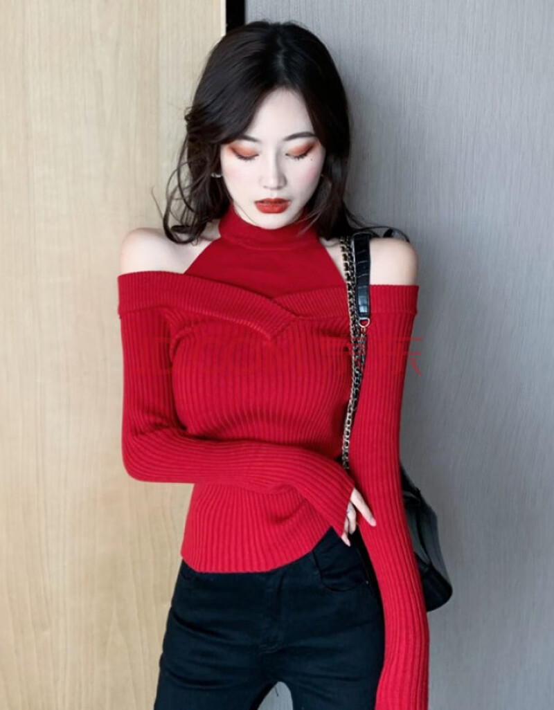 设计感挂脖露肩长袖修身显瘦针织衫毛衣女2020冬季新款两面穿上衣