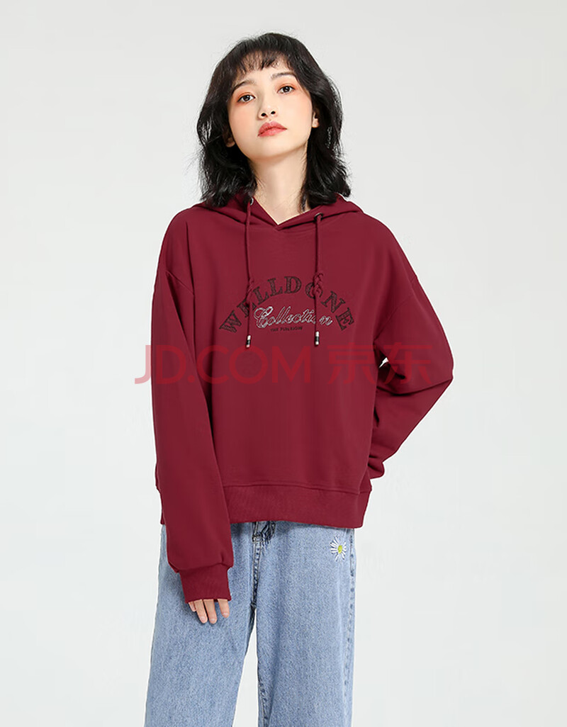 戚朵红色连帽卫衣女 ins初秋韩版短款套头上衣宽松显瘦长袖衫 枣红 l