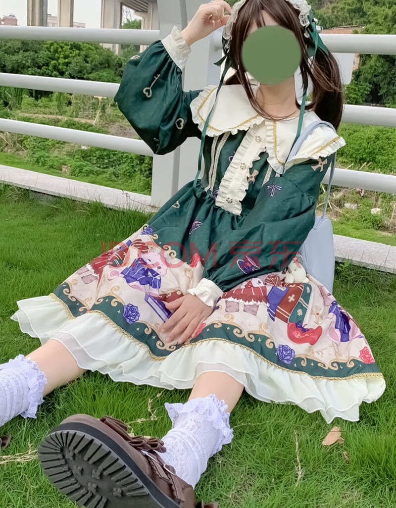洛丽塔原创lolita日系甜美小熊印花软妹裙op长袖荷叶边连衣裙女秋萝莉